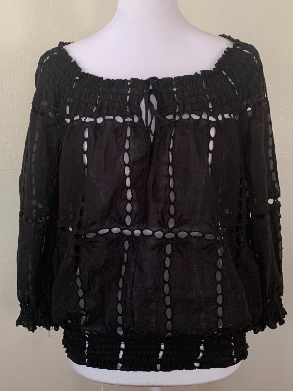 INC International Concepts Black Eyelet Peasant Top - Size 2